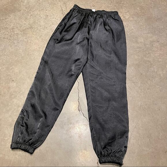 Vintage 90s Joggers Black Satin Windbreaker Track Drawstring Pant Athleisure L - Picture 3 of 9